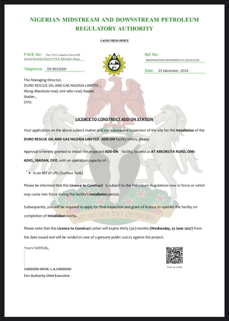 NMDPRA licence issued to Duro Rescue Oil and Gas Nigeria Ltd